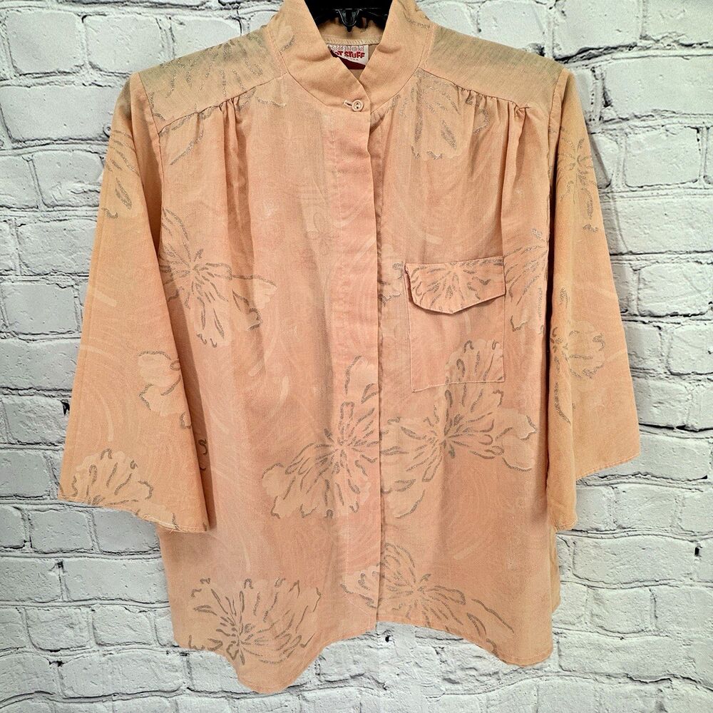Vintage HOT STUFF Top Women's Button Up Shirt Peach & Metallic No Tag FLAWS